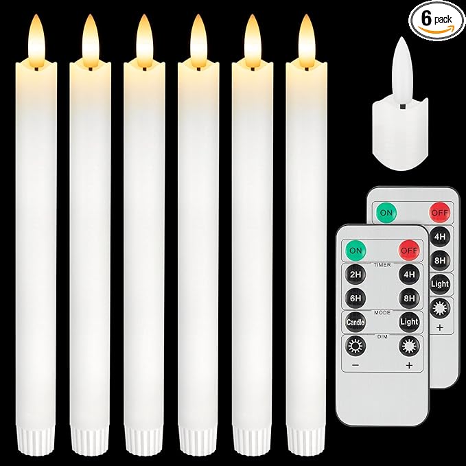 Real Wax Flameless Taper Candles with Remote Timer,Battery Operated LED Candles Set with 3D Flickering Flame,9.6" Realistic Dripless Candlesticks for Wedding Home Decor,6 Pack White