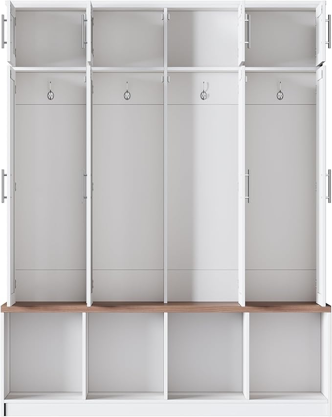 Hall Tree with Entryway Bench and Shoe Cabinet, Multi-Functional Seating Bench with 4 Hanging Hooks and 8 Doors, White