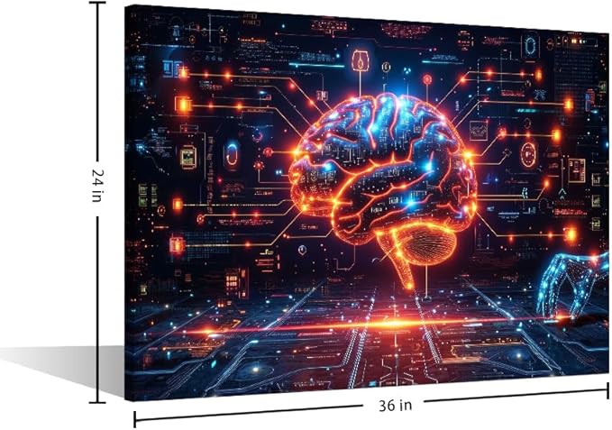Artificial Intelligence Brain Data Analysis Paintings Wall Art Futuristic Technology Posters and Prints Frame Neural Network Pictures for House Wall Decor AI Art Wall for House 24"Wx36"Hx1 Panel