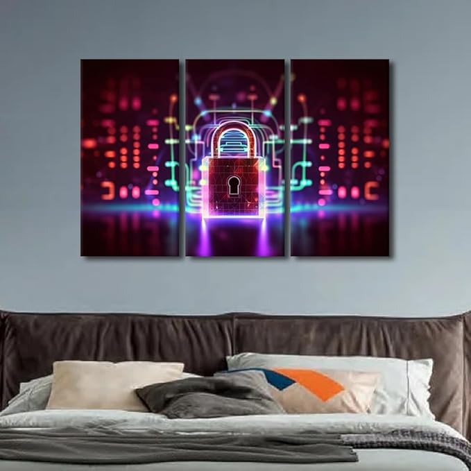 TUMOVO 3 Panels Modern Wall Art Padlock on Technological Circuit Background with Neon Lights Pictures Print on Canvas for Home Office Wall Decorations, Cyber Security Concept Artwork, 42" Wx28 H
