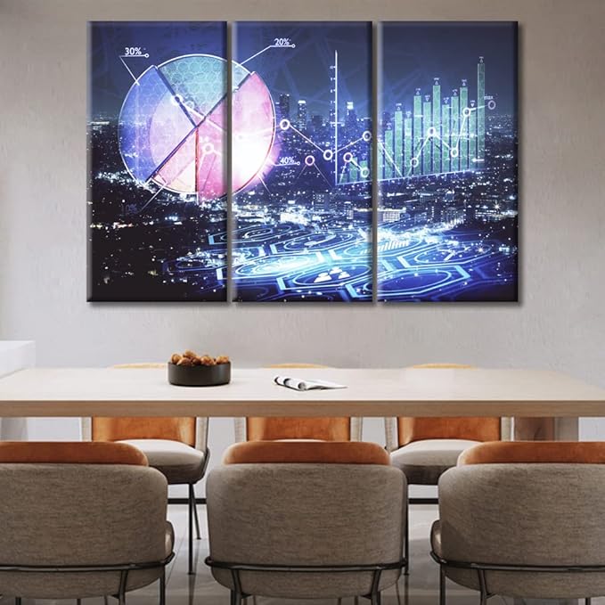 TUMOVO Business and Financial Concept Wall Decor for Living Room 3 Piece Financial Graph on Night City Scape with Tall Buildings Pictures Print on Canvas Ready to Hang (60" Wx40 H)