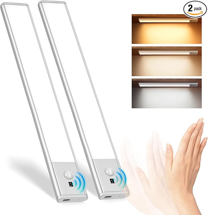Under Cabinet Lighting with Hand Wave, 78 LED Motion Sensor Light, Rechargeable Closet Lights with 3 Color Temps, 11.8 Inch Dimming Magnetic Strip Night Lights for Kitchen, Wardrobe, Stairs (2 Pack)
