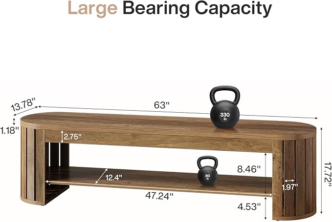 Tribesigns 63" Wooden Entryway Bench with Shoe Storage, Long 2-Tier Narrow Shoe Bench with Arc Vertical Slat Splicing Legs, End of Bed Stool for Bedroom, Entrance, Living Room (Brown)