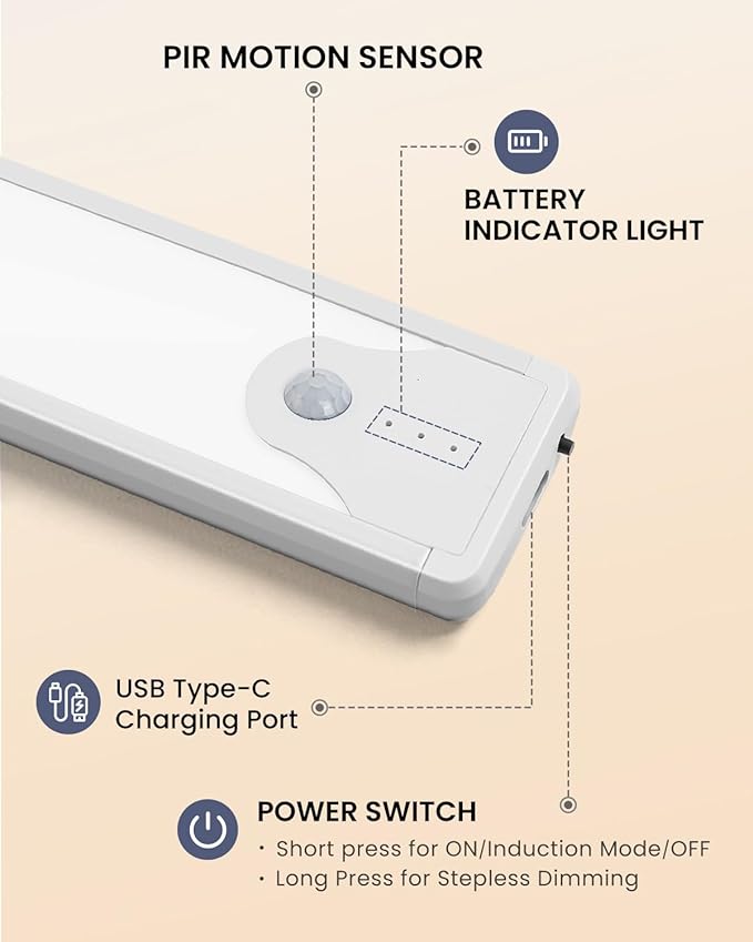Pak 8 Inch Under Counter Cabinet Lighting, 41 LED Battery Operated Motion Sensor Light, Dimmable Closet Lights, USB Rechargeable, Wireless Magnetic Under Counter Light for Kitchen, Bathroom, 2 Packs