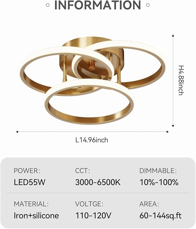Dimmable LED Semi Flush Mount Ceiling Light Fixture with Remote Control 3-Color Dimming Circle Modern Chandelier, Close to Ceiling Bedroom Kitchen Hallways Balcony Corridor Lamp (15in- 3 Ring Gold)