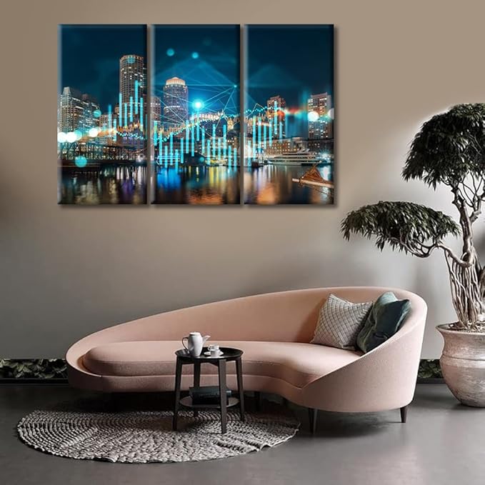 TUMOVO 3 Panel Wall Art Forex Financial Graph and Chart Hologram Paintings Modern Home Decor Boston Skyline Buildings Pictures Wall Decor Living Room Framed Ready to Hang (60" Wx40 H)