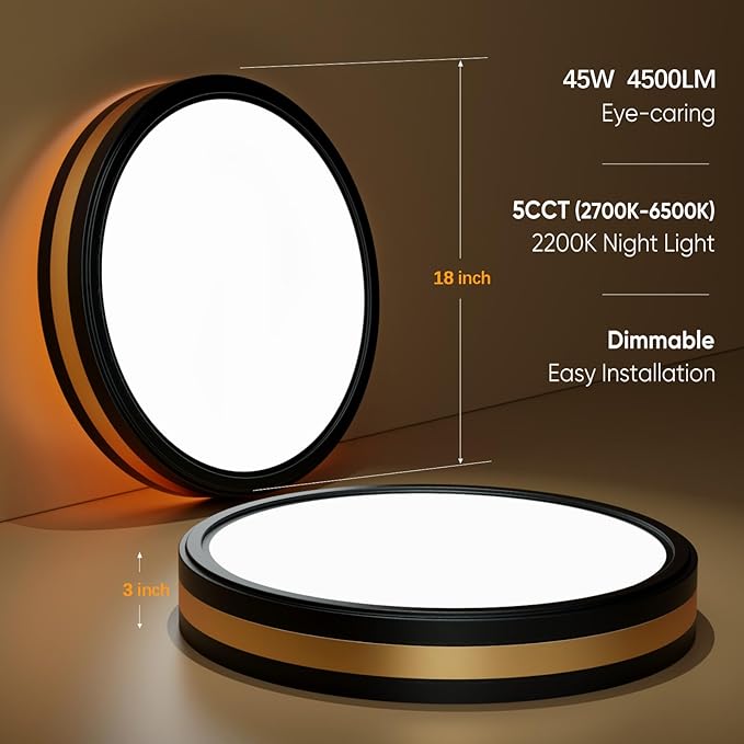 18 Inch Flush Mount Light With Night Light, 5CCT Modern Black Gold LED Ceiling Fixture, 45W 4500LM 2700K-6500K Adjustable, Dimmable for Bedroom Hallway, ETL