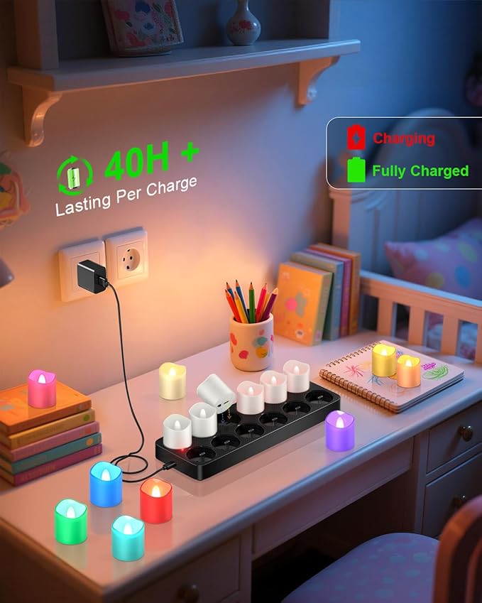 SoulBay Flameless Candles Color Changing Rechargeable, 12pcs LED Flickering Tea Lights Votives Candle with Charging Base & Remote Timer for Room Table Party Halloween Decorations, Multicolor, 1.57"