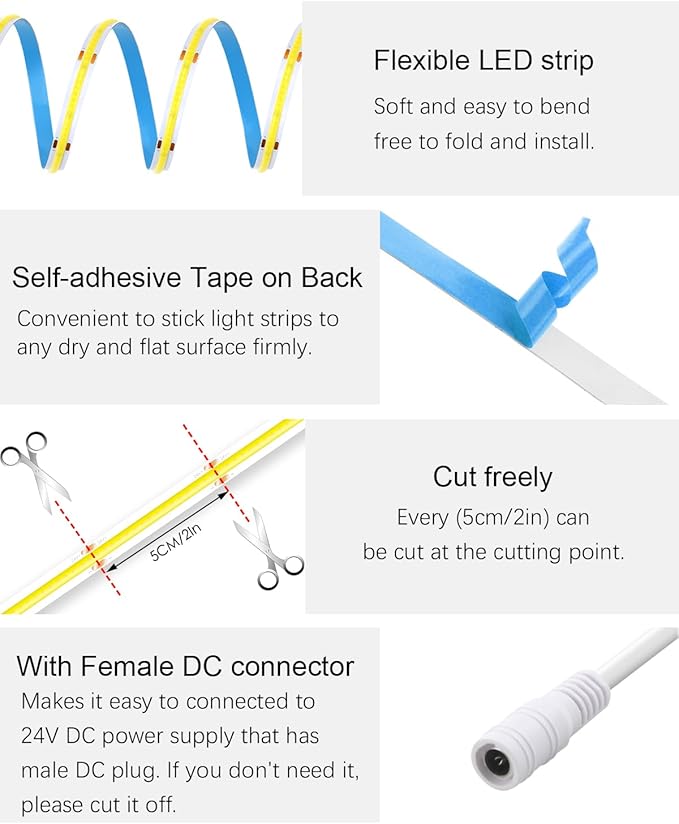 ALITOVE 32.8ft COB Led Strip Light White 6500K Super Bright 24V LED Rope Lights with Remote Dimmable 3200LEDs CRI90+ Uniform Glow LED Tape Light for Mirror Under Cabinet Living Room Study Wardrobe