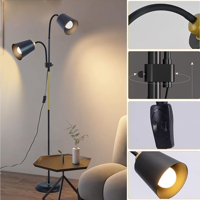 AoMck Floor Reading Lamp, Industrial Metal Floor Lamps for Living Room with Adjustable Bendable, 2 in 1 Reading Table Lamps for Living Room Bedroom Office, 12W Bulbs Included (White-2 Heads)