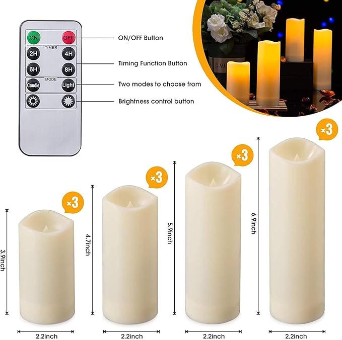CLTNIKET12-Pack LED Flameless Candles(D 2.2''X H 4'' 5'' 6'' 7'') with Remote Control Waterproof Outdoors & Indoors, Battery Candles with Remote Timer, Decorative Remote Led Candles.