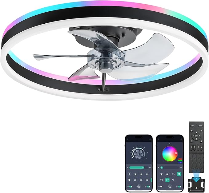 RGB Ceiling Fan with Light,20'' Modern Flush Mount Ceiling Fan, 6 Speeds, Dimmable LED, Remote Control, Quiet DC Motor,Smart Low Profile Ceiling Fan for Bedroom, Living Room,DM101-H-RGB Black