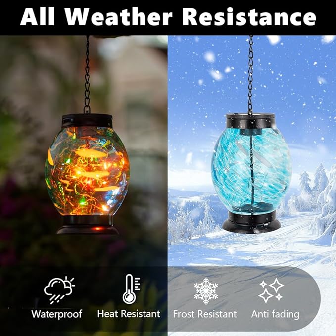 Solar Hanging Lanterns Outdoor, Waterproof Solar Glass Lights, Color Changing Led Lamp Light for Garden Yard Tree Home Xmas Decor, Blue