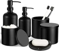 6PC Matte Black Bathroom Accessories Set with Glass Soap Dispenser | Modern Bathroom Organizer & Decor Set incl. Toothbrush, Qtip Holder