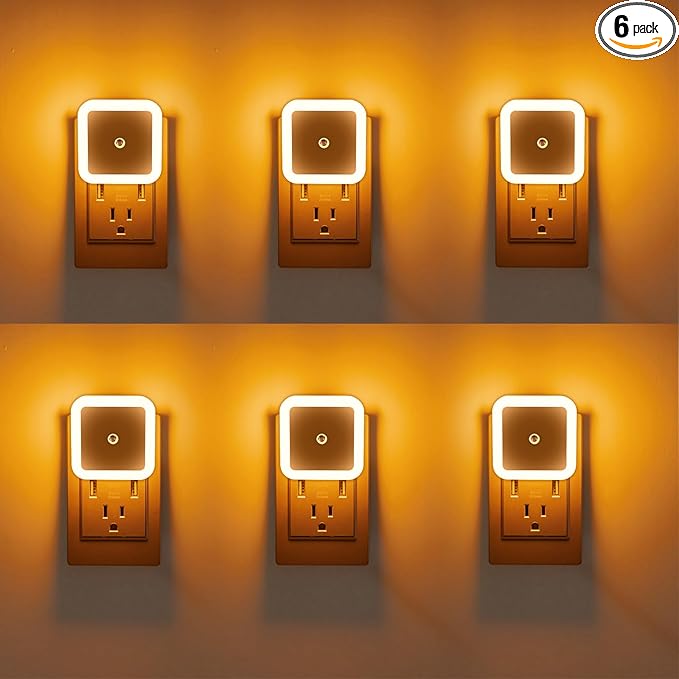 KINUR 6 Pack Night Light, LED Night Lights Plug into Wall with Dusk to Dawn sensors, Plug in Night Lights for Kids Room, Bedroom, Bathroom, Baby Nursery,Stair Lights, Hallway Light, Amber Color