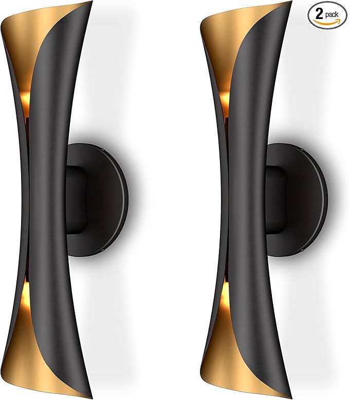 Tubicen Modern Wall Sconces Set of 2 Up and Down Wall Lights Indoor Dimmable Mid Century Modern Black and Gold Wall Sconces for Bedroom Living Room Home Theater Hardwired 15.7" H