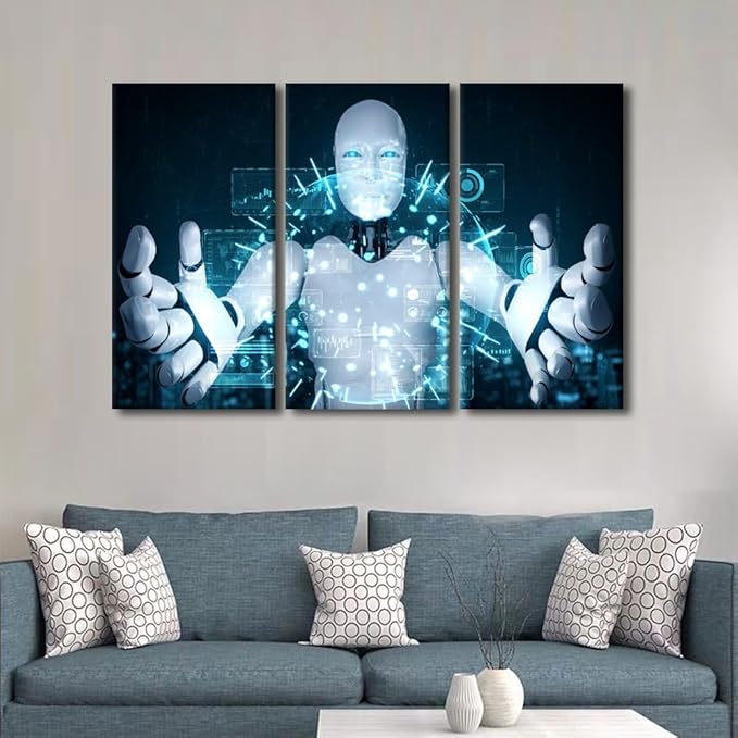 TUMOVO 3 Panels Canvas Wall Art Robot Painting Prints on Canvas Wall Art AI Intelligence Pictures Giclee Artwork for Home Walls Animal Posters Gallery-wrapped Framed Ready to Hang, 60" Wx40 H