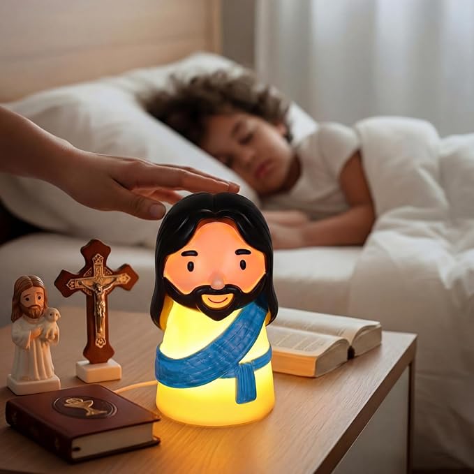 Cute Jesus Night Light, Jesus Gift, Dimmable PVC Christian Lamp, USB Rechargeable Touch Bedside Light, Baptism Favor, Easter & Religious Gifts (3 x 5 Inch)(Blue)