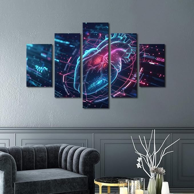 TUMOVO 5 Panel Futuristic Technology Paintings Wall Art Futuristic Blue Circuit Board Background Canvas Art Wall Decor Decoration For Wall Art Work for Wall Decor Living Room Bedroom 60" Wx40 H