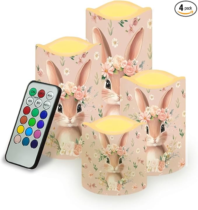 Cute Bunny Pink Floral Plastic Flameless Candles with Remote Control and Timer LED Flickering Battery Operated Color Changing Electric Pillar Candles Easter Decoration