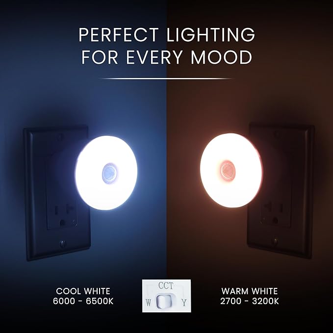 LED Motion-Activated Sensor Dusk to Dawn Night Light Adjustable Color AC Outlet Plug-in Wall Stair Motion Sensor Lamp Plug Into Wall 30s-60s Indoor Bedroom Hallway Stairway Garage Basement Corridor