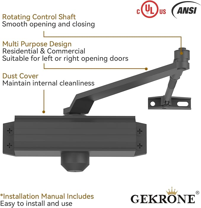 Automatic Door Closer Heavy Duty Fire Prevention Spring Hydraulic Aluminum Alloy Surface Mounted Residential Commerical Door Closer (Black, Size3-Door Weights 187-231 Lbs)