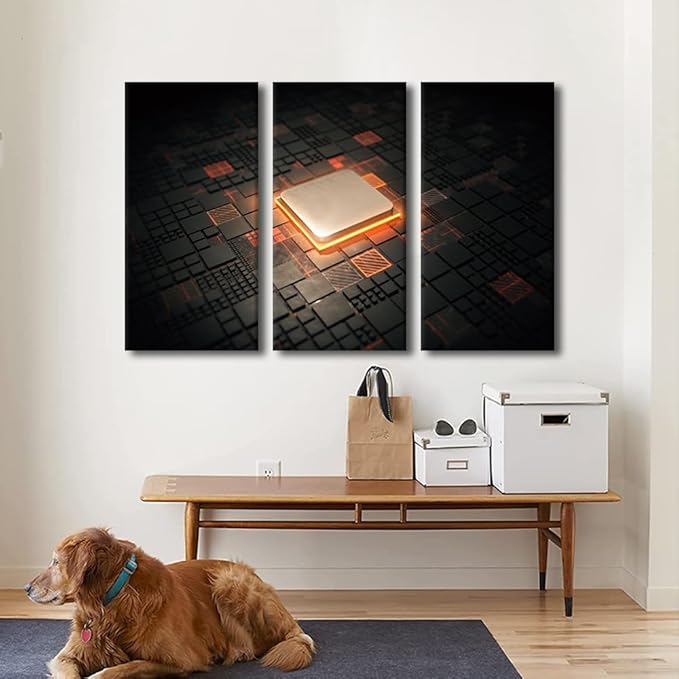 3 Piece Wall Art Computer Processors CPU Motherboard Digital Chip Poster Canvas Wall Art Artwork Wall Decor Living Room Chip Pictures Wall Decor for Bedroom Prints Framed Ready to Hang (24"Wx36"H)
