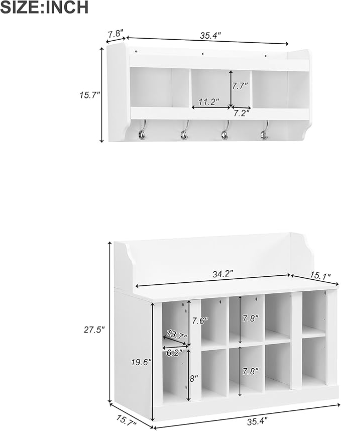 Multi-Functional Hall Tree with Wall Mounted Coat Rack, Shoe Storage Bench with Shelves and 4 Hooks, Entryway Organizer for Hallway, Foyer, Mudroom, Living Room (White-52s)