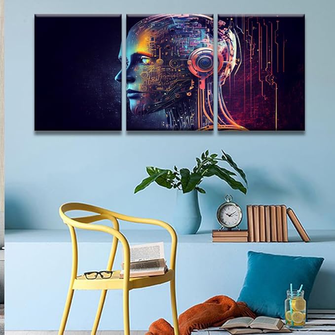 LSIUHWUWI Modern Wall Art 3 Panel Wall Art Humanoid Head with Blue and Yellow Eyes Pictures Print On Canvas Wall Decor for Living Room, Wooden Framed Ready to Hang 12x16inchx3
