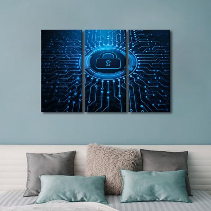 3 Pieces AI Intelligence Wall Art Lock Picture Prints on Canvas Giclee Artwork Wall Decor Security Lock Symbol Framed Art Prints Modern Home Office Room Wall Decor Stretched Ready to Hang, 36" Wx24 H
