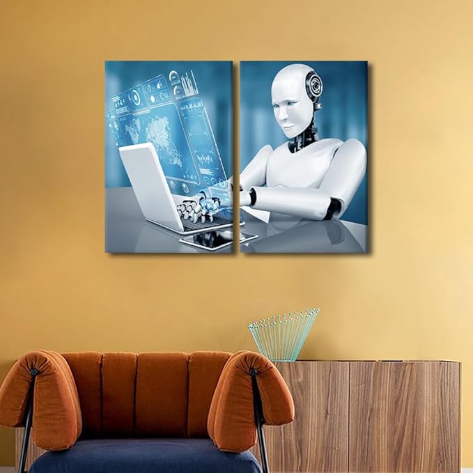 Canvas Print Robot Wall Art AI Intelligence Painting for Home Decor 3 Pieces Big Data Analysis Paintings Modern Giclee Stretched and Framed Artwork for Living Room Decor, 24" Wx16 H