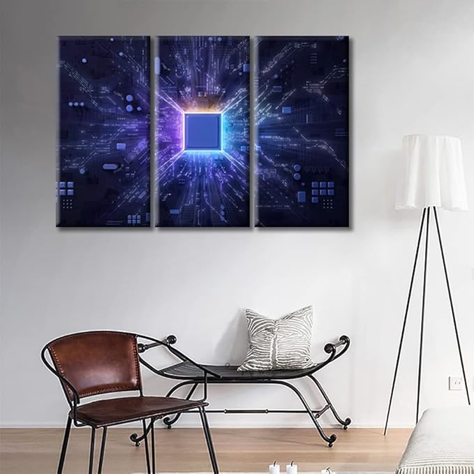 3 Panel Technology Science Artwork Canvas Wall Art Motherboard Digital Chip Posters and Prints Boys Bedroom CPU Concept Bathroom Decor Wall Art Print on Canvas Framed Ready to Hang (36"Wx24"H)