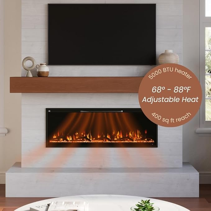 Modern Ember Aerus Slim 50 Inch Smart Linear Electric Fireplace | Recessed in-Wall or Wall-Mount | LED Multiple Flame Colors | Alexa/WiFi Enabled | 4.25” Profile | Remote Included