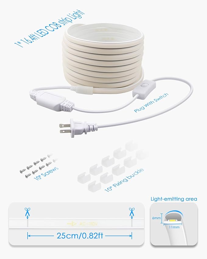 120V COB LED Rope Lights 16.4FT Outdoor LED Strip Lights Waterproof Daylight White 6000K Super Bright Flexible LED Tape Lights with Switch Plug in 288Leds/M for Indoor Exquisite Wall Decor 5M