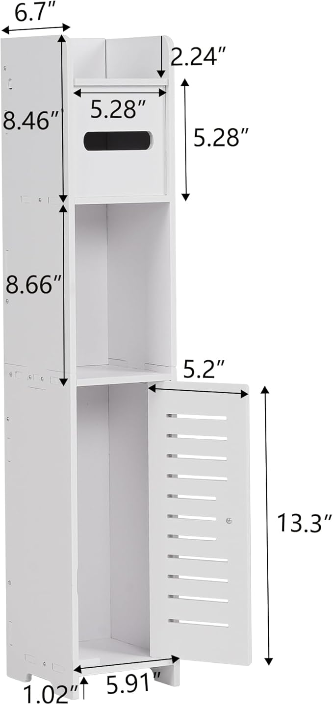 VECELO Storage Cabinet for Small Spaces,Skinny Toilet Paper Holder Stand with Anti-Drop Fence and Roller Storage, White