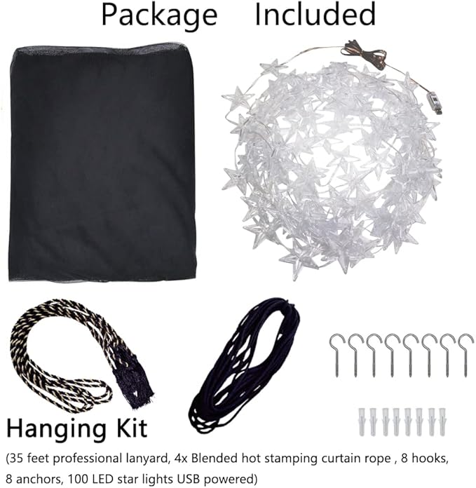 Bed Canopy with LED Star Lights, Black Canopy Bed Curtain with RGB Color Changing String Lights with Smart App Control Remote for Princess Girls Bedroom, Suggested for Twin Full Queen King Bed
