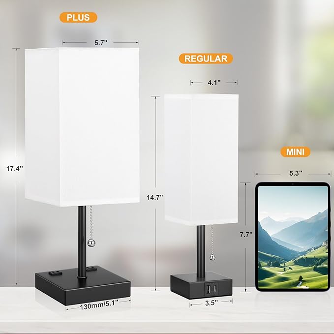 aooshine White Table Lamp for Bedside - 3 Color Temperature 3000K 5000K 4000K Bedroom Lamp, Pull Chain Control, USB A and C Ports, AC Outlets, Bulb Included, Medium