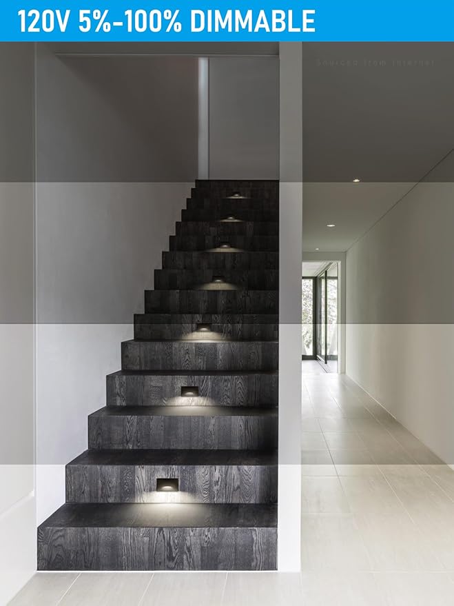 LEONLITE Black 5CCT 120V LED Step Lights, 150LM 5%-100% Dimmable Stair Lights Indoor Outdoor IP65 Waterproof, Aluminum Anti-Glare Shell, CRI90 ETL 2700K/3000K/3500K/4000K/5000K, Pack of 3