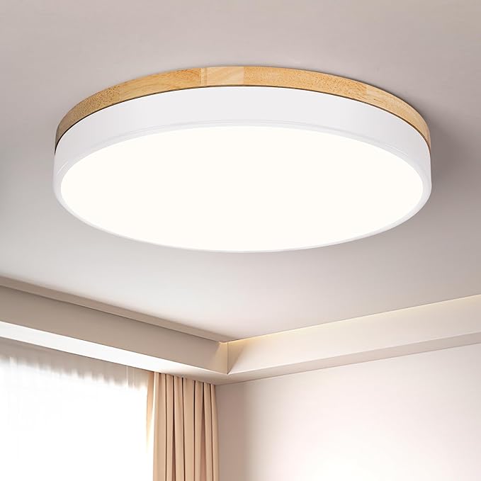 Modern Wood White Flush Mount Ceiling Light, 15.74" Round LED Low Profile Close to Ceiling Fixture for Kitchen Bedroom Bathroom Laundry Hallway Entryway Closet Living Room