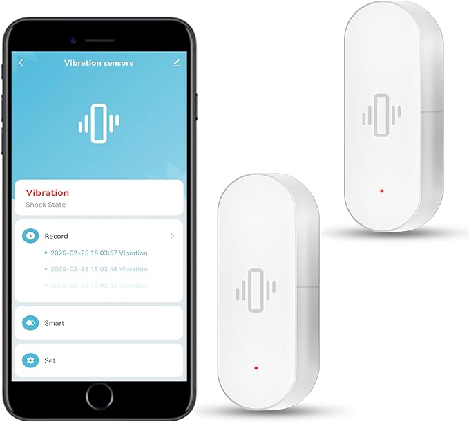 WiFi Vibration Sensor: Smart Door Window Sensor with App Alerts, Wireless Glass Break Detector, Adjustable Sensitivity, Compatible with Alexa Google Home (2Pack)