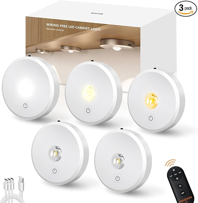 Puck Lights with Remote Control Rechargeable,Wireless Under Cabinet Lighting,2000mAh Battery Operated Tap Push Touch Light,Stick On Lights for Counter,Shelf,Bookcase (White, 5 Pcs)