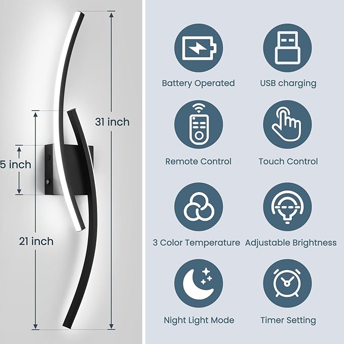Battery Operated Wall Sconce Set of 2,Black Wall Sconces with Remote Control,3000K-6000K Modern LED Wireless Wall Light for Living Room, Hallway, Bedroom, 39.3 Inch (2 Pack)