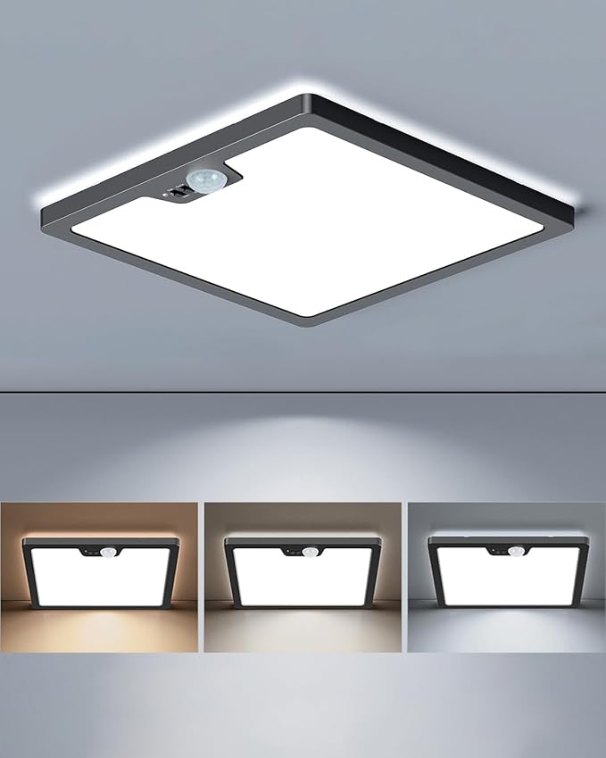 12in Motion Sensor Ceiling Light Wired, 3000K 4000K 5000K Selectable, 24W Flush Mount Square Motion Ceiling Light with 3 Timer for Closet Porch Stairs Hallway, Black