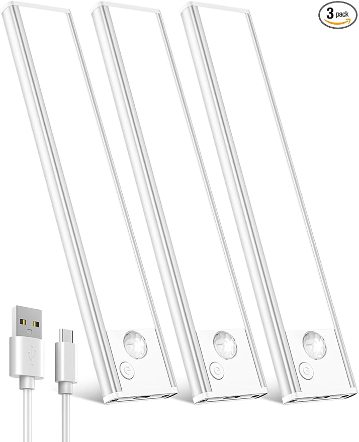 Under Cabinet Rechargeable Lighting: Motion Sensor Dimmable Lights Indoor - Battery Operated Lights - Wireless Activated Closet Light Magnetic Led Light for Kitchen Home Bathroom Counter 3 Pack