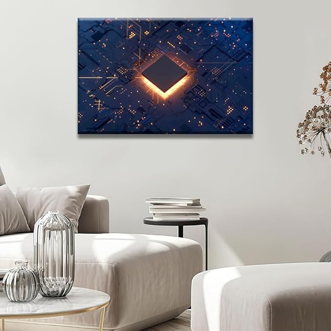 CPU Card Canvas Wall Paintings Office Decor Circuit Board Wall Decor CPU Concept Wall Art for Living Room Computer Chip Home Decor Wooden Framed Gallery-Wrapped Ready to Hang 24x36 INCH