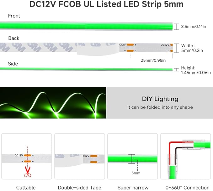 BTF-LIGHTING FCOB COB LED Strip Green Color 5mm Width UL Listed Super Narrow Flexible Uniform Light DC12V 16.4FT CRI 90+ Dimmable LED Ribbon for Bedroom Home Indoor Decor(No Adapter or Controller)