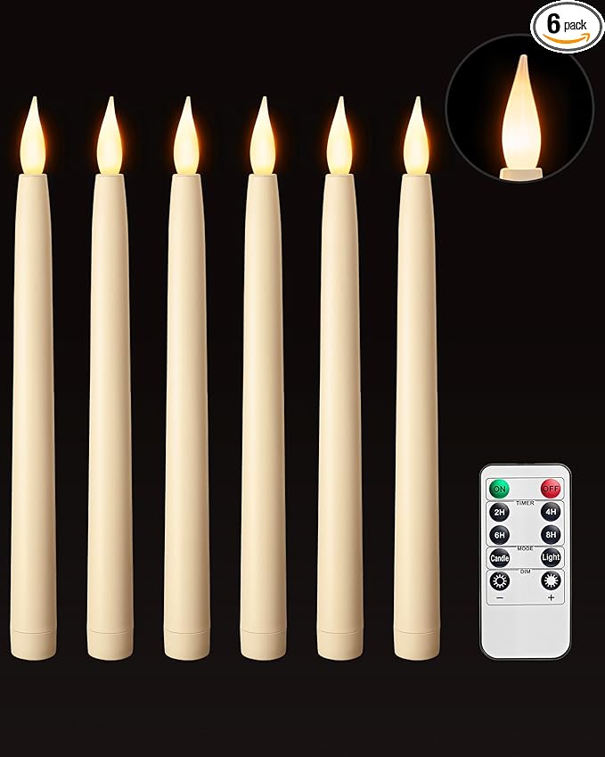 SURAIELEC 10.5'' Flameless Ivory Taper Candles, Battery Operated Candle with Remote, Timer, 3000K Warm White, LED Candle for Party, Christmas Decoration, 6 Pack (Rechargeable Battery Not Compatible)