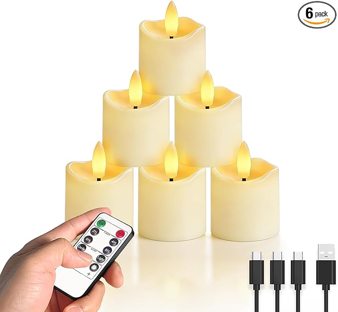 Rechargeable Flameless Candles with Remote Timer, 6pcs LED Flickering Electric Tea Lights Votive for Valentines, Christmas, Home Decor, Wedding,Home Decoration(USB-C Charging Cable Included)