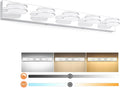 3 Color Temperature Dimmable Bathroom Light Fixtures over Mirror, LED Chrome 5 Light Vanity Lighting Fixtures, Acrylic Stainless Steel Square Shade Vanity Lights for Bathroom, ETL Certificated