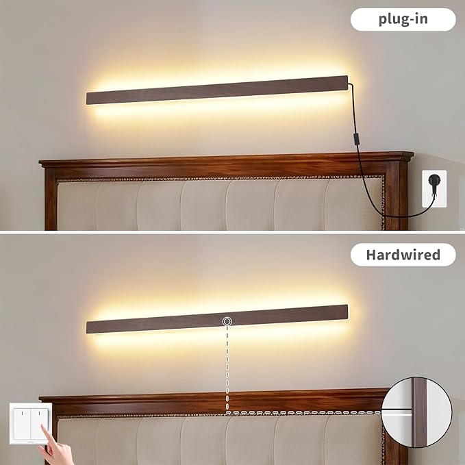 Farmhouse Plug in Long Wall Sconce, 39.3" Faux Walnut Finish LED Wall Lights, 20W Warm White 3000K Acrylic Indoor Wall lamp, with 59" Plug Cable for Bedroom, Living Room, Hallway